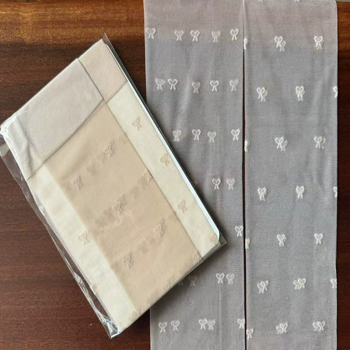 Japanese mint white thin tights with bow