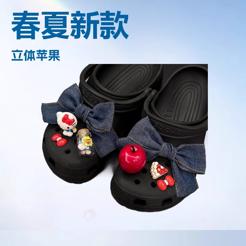 Three-Dimensional Apple Shoe Buckle Denim Bow Shoe Flower Drift Bottle Cross-Border Clog Shoe Accessories 2025 Spring and Summer New Style