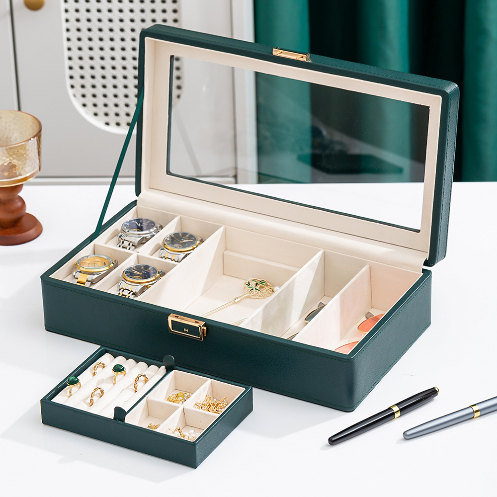 Caja de reloj de gama alta con patrón de lichi nuevo negro y verde 3 dígitos 6 dígitos 12 dígitos reloj de doble capa caja de almacenamiento de joyas