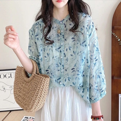 Women's new summer shirt, loose, retro stand-up collar, literary and fresh blue-green floral seven-hole sleeve
