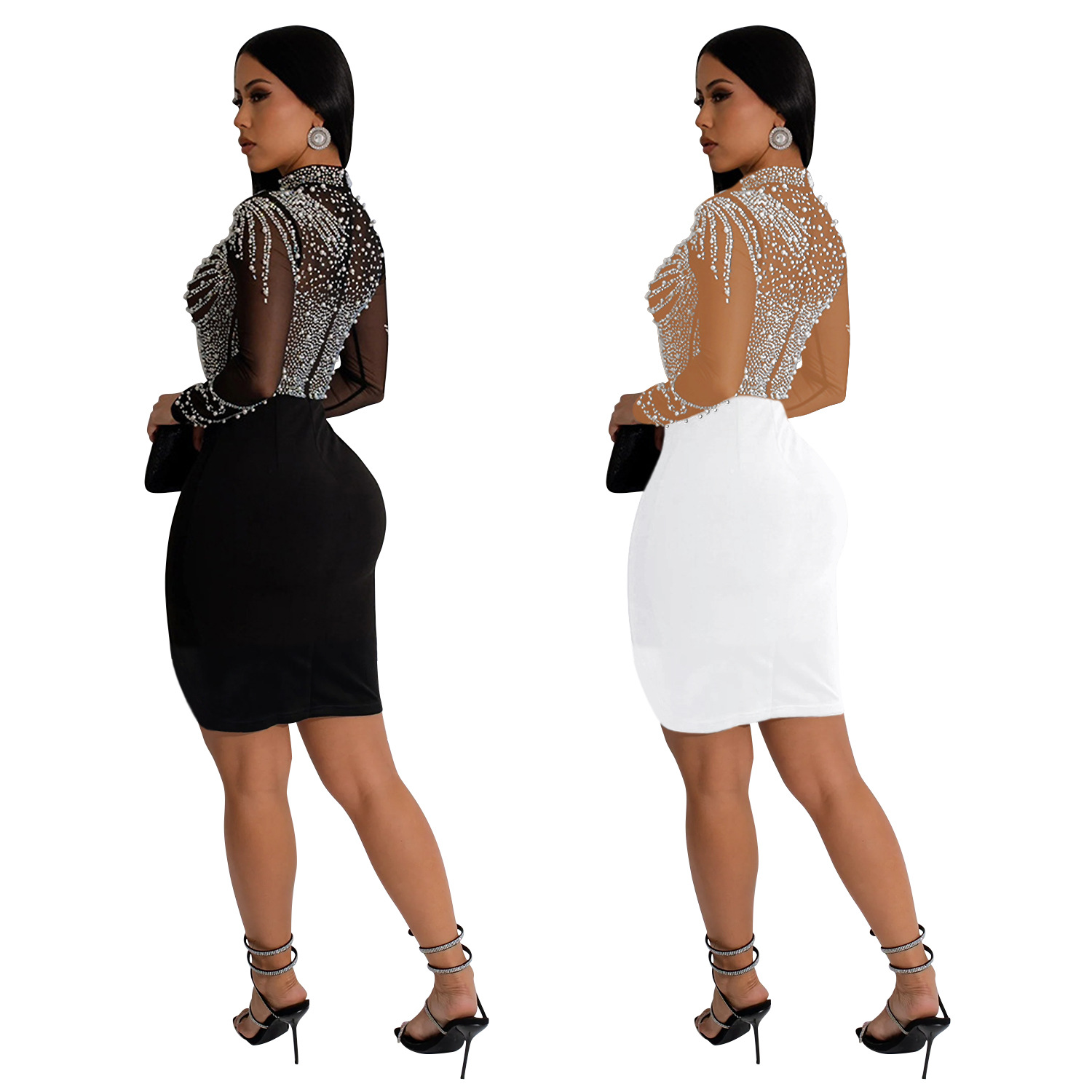 C6915 Aliexpress transfronterizo Amazon Europa y América de moda de mujer de color sólido malla de diamante vestido corto de mangas largas image 6