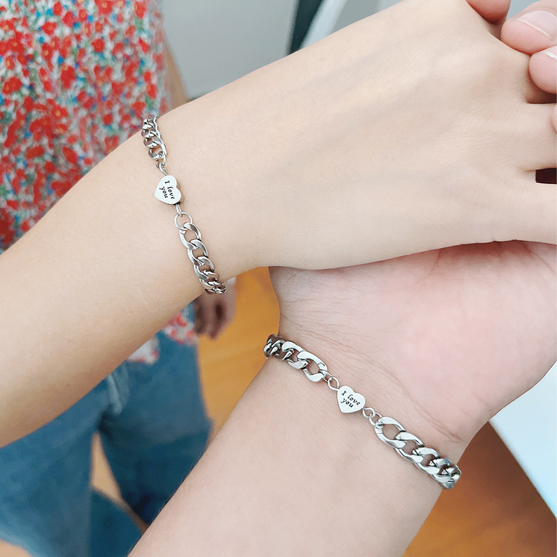 2022 New 2 pcs/set stainless steel heart-shaped corrosion text I Love You Valentine's Day gift couple bracelet