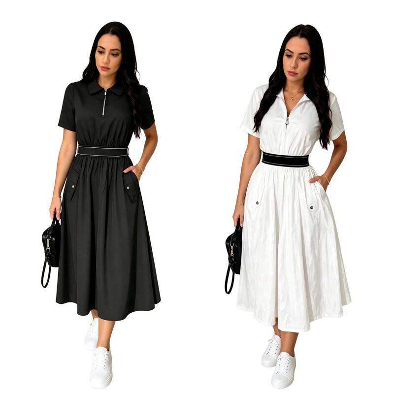 Summer Polo Collar Waist-Cinching Short-Sleeved Long Elegant Dress J5341
