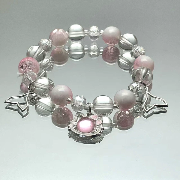 S294-Pink Jade Broken KT Cat Fishtail Bracelet #SZ1183