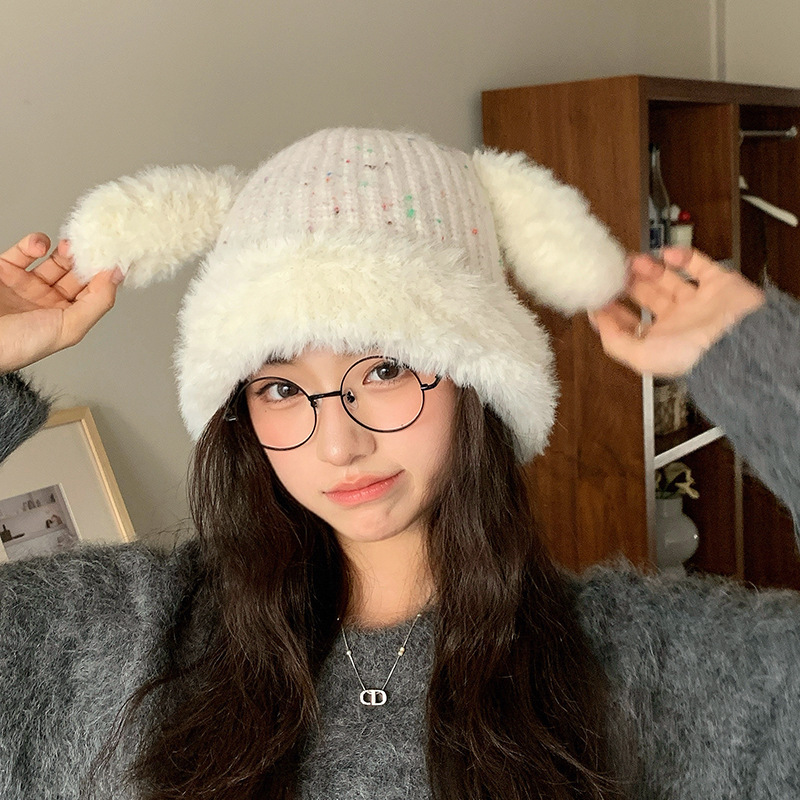 毛绒兔耳朵毛线针织帽子女秋冬季显脸小毛绒可爱保暖大头围护耳帽|undefined