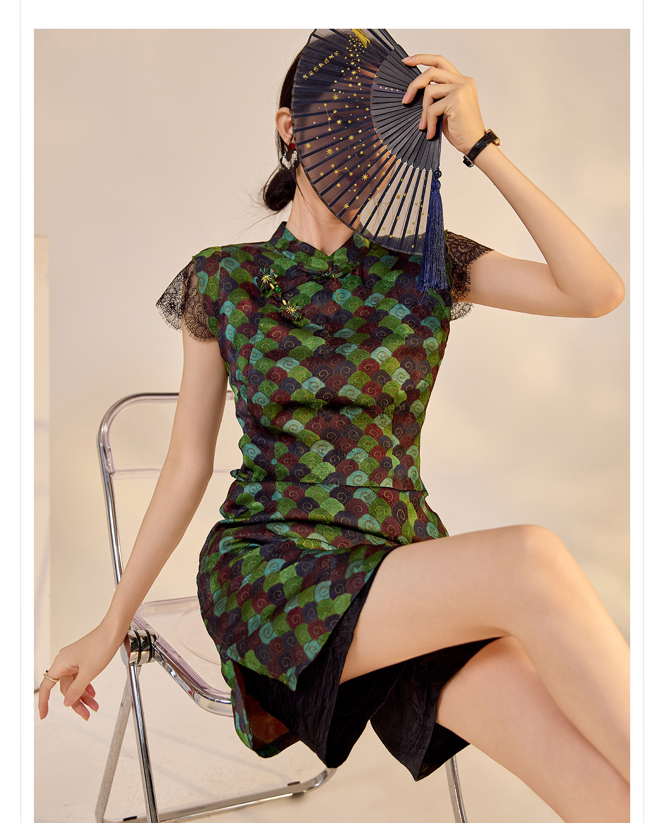 Váy sườn xám cách tân cổ đứng cài cúc kẻ sọc dáng chữ A chất rayon — Màu xanh khoáng chi tiết 3