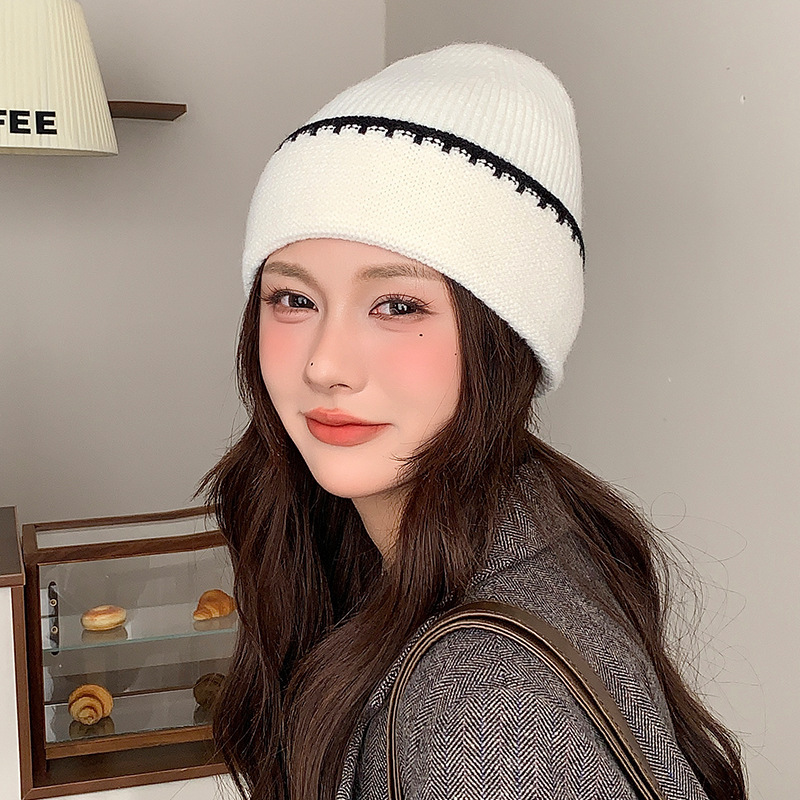 韩系简约百搭撞色针织帽子女秋冬季保暖护耳毛线帽显脸小包头冷帽|undefined