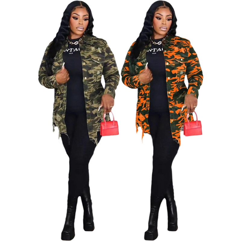 D8661 2024 New European and American Clothing Long-Sleeved Camouflage Ripped Shirt Collar Top Amazon Independent Station Ready Stock