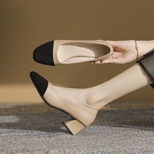 2023新款小香风方头粗跟高跟鞋大码加肥加宽百搭浅口舒适不累脚