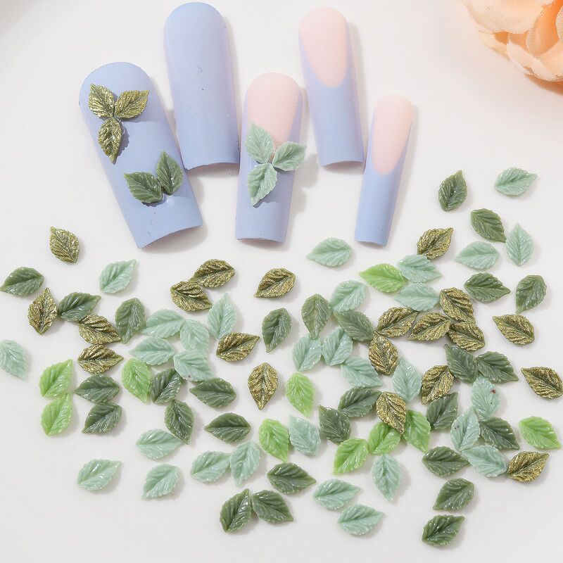 Net Red Live Explosions Nail Jewelry Leaves Small Fresh Spring Green Leaves Resin Nail Accessories