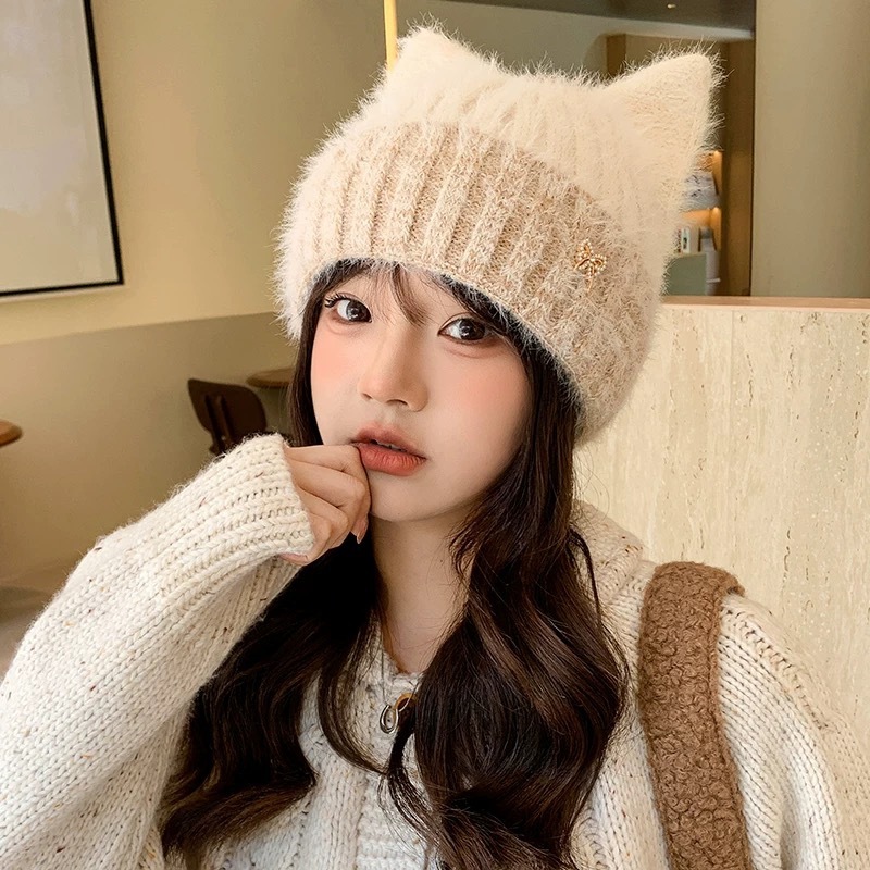 可爱毛线帽子女秋冬超萌韩版猫耳朵女生针织套头帽保暖毛绒帽冷帽|undefined