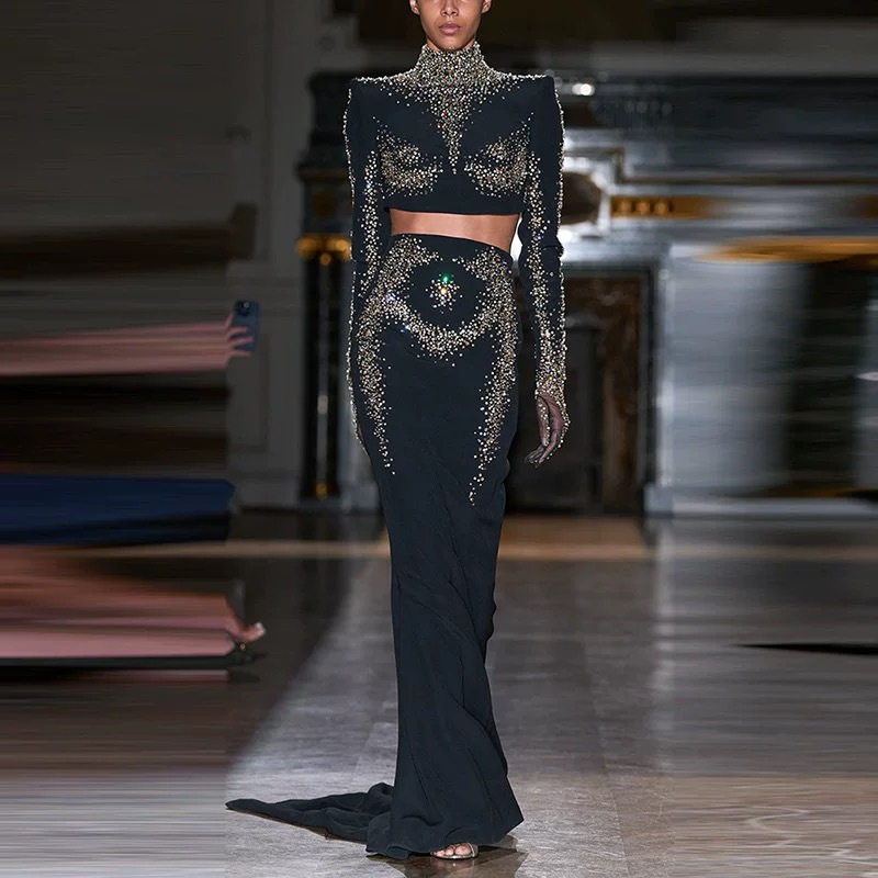 European and American Fashion Runway Style Heavy Sequined Stand-Collar Crop Top + Slim-Fit Hip-Hugging Long Train Skirt Gown Set European and American Fashion Runway Style Heavy Sequined Stand-Collar Crop Top + Slim-Fit Hip-Hugging Long Train Skirt Gown Set