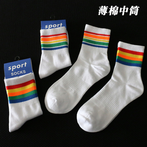 Fashionable casual sports socks spring, summer and autumn thin mid-tube rainbow men's socks college style street socks