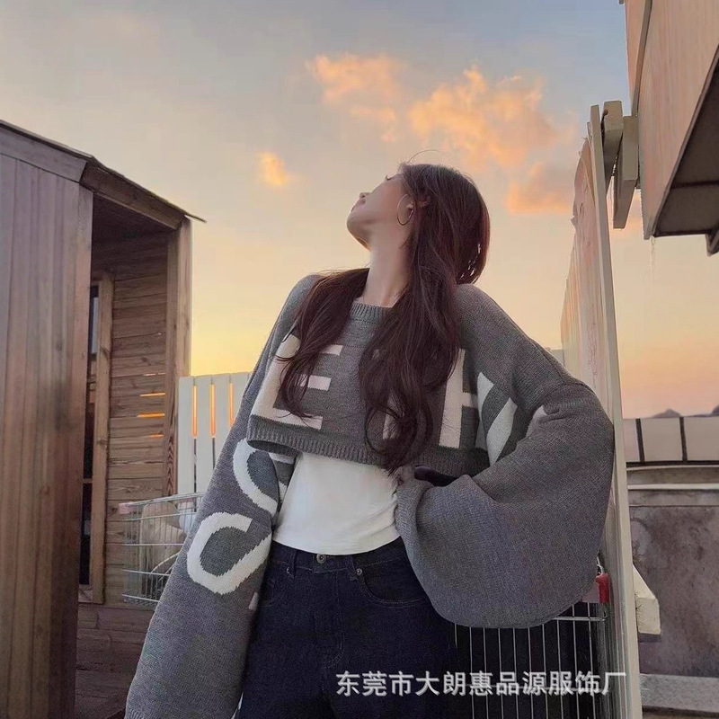 Korean Style Oversized Sleeve Letter Jacquard Sweater Knitwear for Women Winter New Loose Sexy Slim Pullover Top