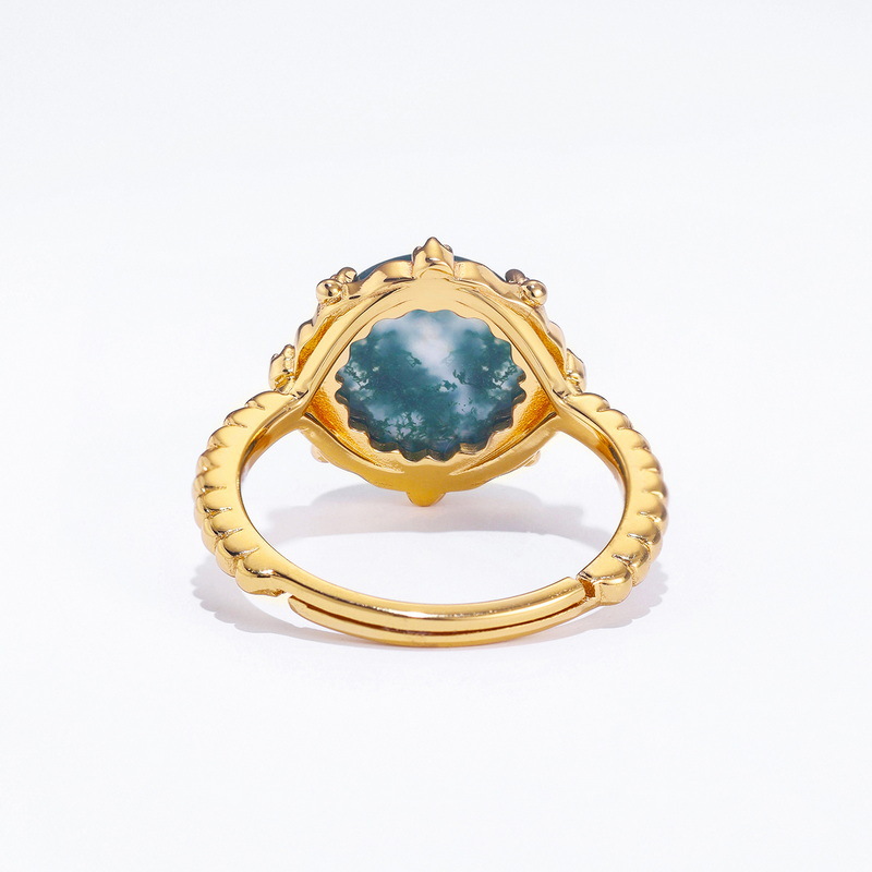 Glam Luxurious Geometric Round Sterling Silver Plating Rhinestones Moss Agate Gold Plated Open Rings display picture 4