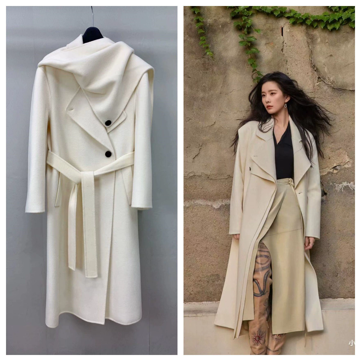 Одежда в стиле знаменитостей: длинное двустороннее шерстяное пальто-шарф белого цвета с галстуком, женская одежда из Даляня, зима 25.