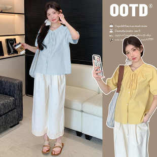 Maternity 2025 Summer New Style Fresh Style Short Sleeve Solid Color Puff Sleeve Shirt Design Sense Little Doll Shirt