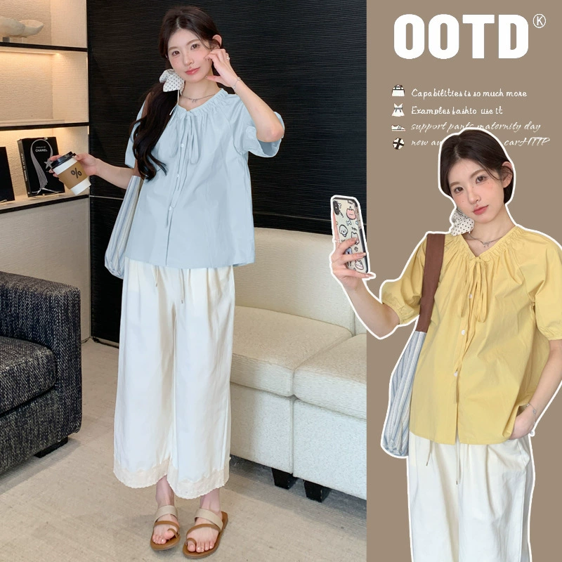 Одежда для беременных 2025 лето новый свежий свежий короткий рукав сплошной цвет рукава рубашка с пузырьками