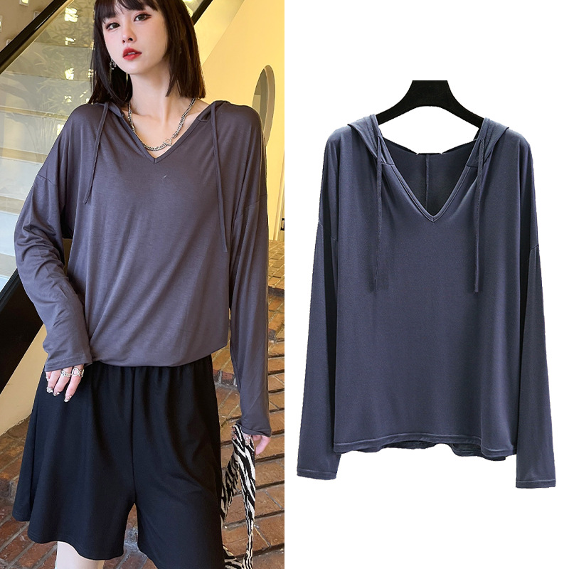 Ropa al aire libre modal Camiseta de manga larga para mujer primavera/verano más tamaño camisa suelta de fondo color sólido protección solar delgada superior suéter con capucha image 4