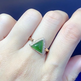 Fubei Diamond Jewelry [18K Gold Full Diamond Inlaid Natural Hetian Jasper Triangle Ring] Loose Stone 10*10mm