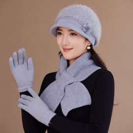 女士冬季加绒加厚防寒保暖针织帽中老年兔毛妈妈帽子围巾手套套装