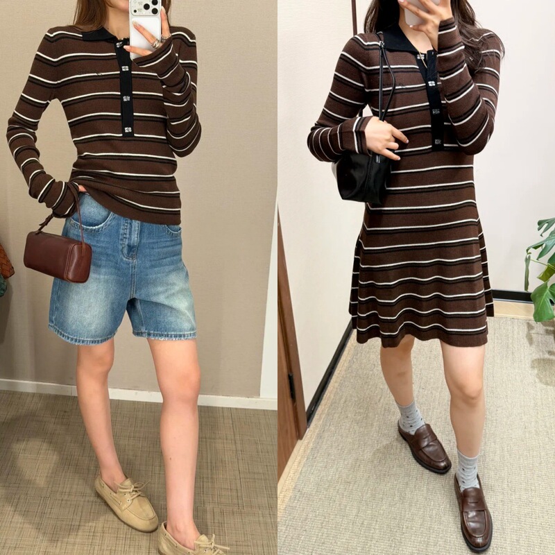 Early autumn color-blocked striped POLO knit sweater, vintage slim-fit long-sleeve top, mid-length knit dress two-piece set Early autumn color-blocked striped POLO knit sweater, vintage slim-fit long-sleeve top, mid-length knit dress two-piece set