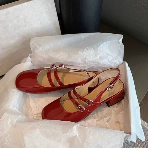 French Retro Square Head Double Buckle Backless Sandals Summer Fashion Retro Versatile Thick Heel Mary Jane Single Shoes