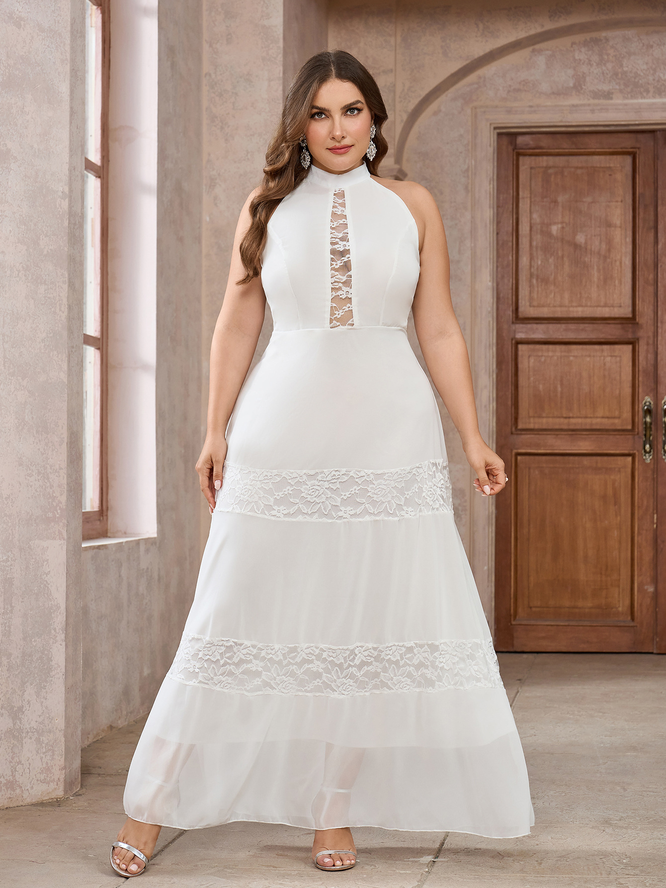 Vestido de talla grande Comercio exterior europeo y americano Nuevos productos Vestido de banquete de boda de color sólido de encaje de gasa sin mangas para mujer image 5