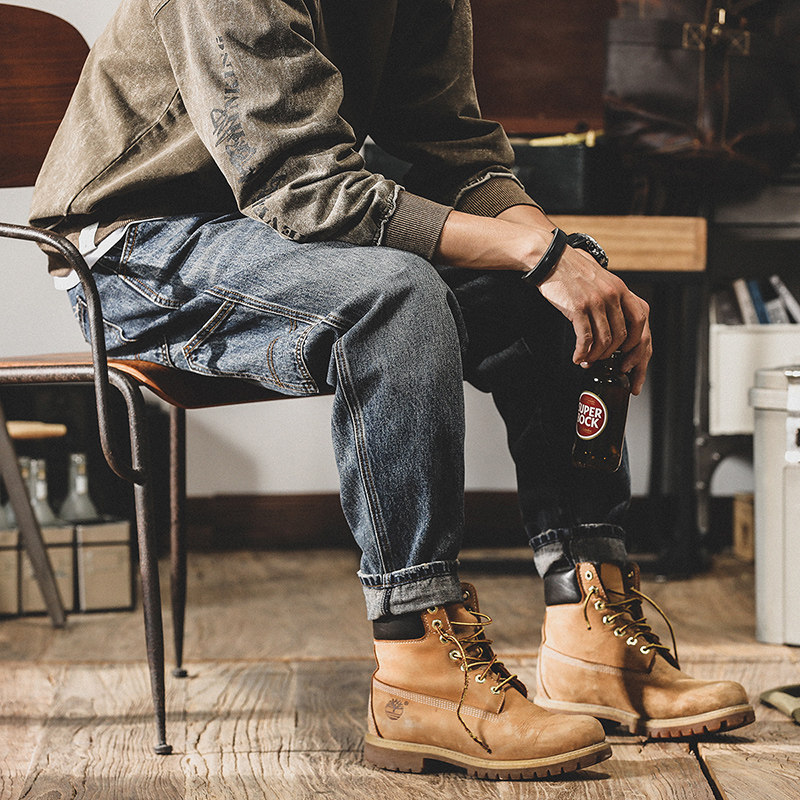 American-style heavy vintage work pants for men, spring and autumn trendy brand fleece-lined jeans, loose straight-leg spring lumberjack pants