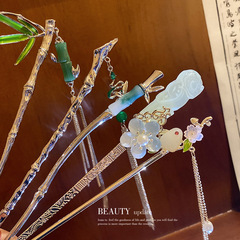 A cold and elegant traditional Chinese hairpin with a snake-shaped jade rabbit flower and tassel, featuring rhinestones and bamboo joints, suitable for Hanfu hairstyle and accessories for women.