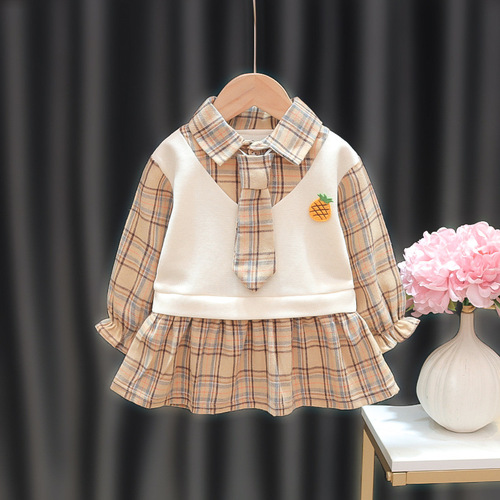 A girl's spring and autumn long-sleeved grid dress, dropshipping, for little babies, children's college-style dress, princess two-piece style