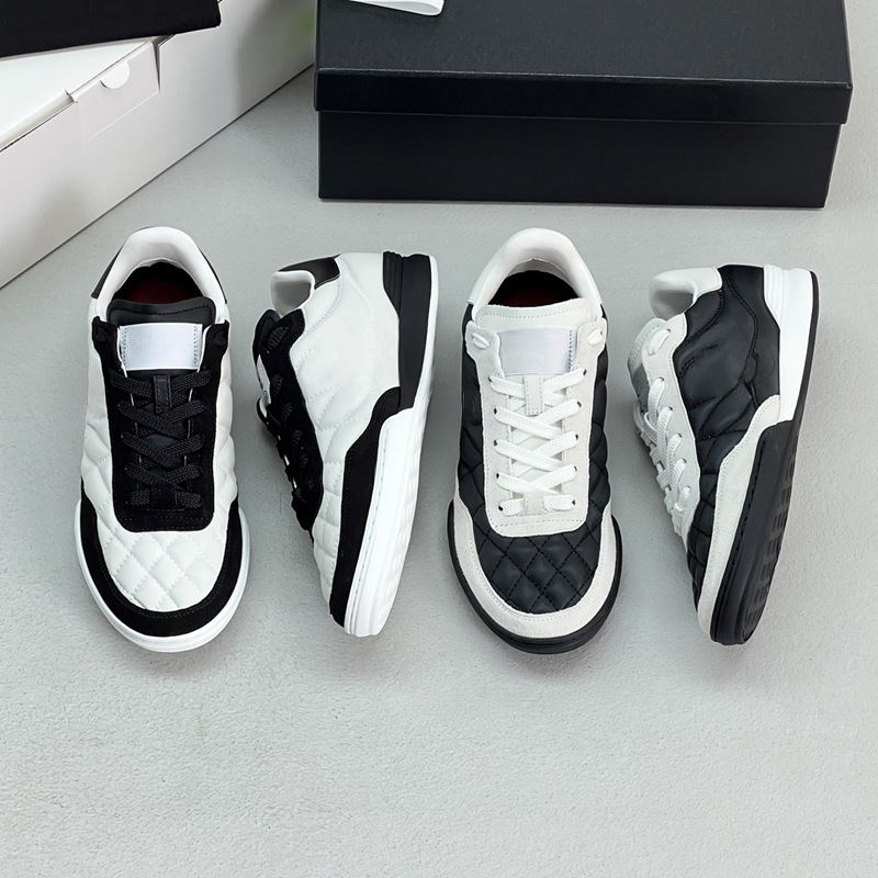 High-End Quality! Chanel-Style Quilted Genuine Leather White Sneakers with Color-Blocking Panda Design, Fashionable Tennis Shoes for Women High-End Quality! Chanel-Style Quilted Genuine Leather White Sneakers with Color-Blocking Panda Design, Fashionable Tennis Shoes for Women