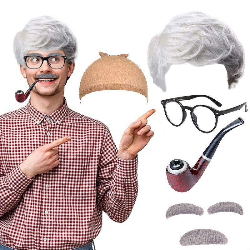 Grandpa Role Playing Old Professor Wig Retro Headgear Cross-border Hot Selling Props Beard Pipe Glasses