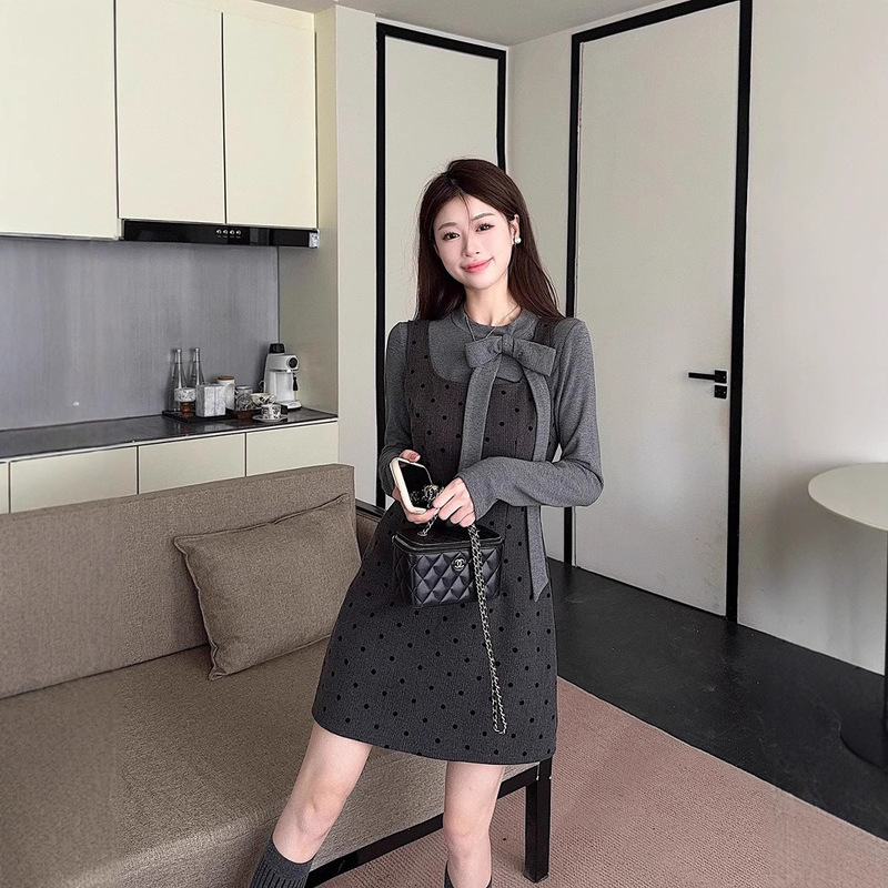 French Style Daughter Gold Style Polo Dot Dress suit Women's Spring New Arrival Bow Long-Sleeved T-Shirt Stacked Two-Piece Set