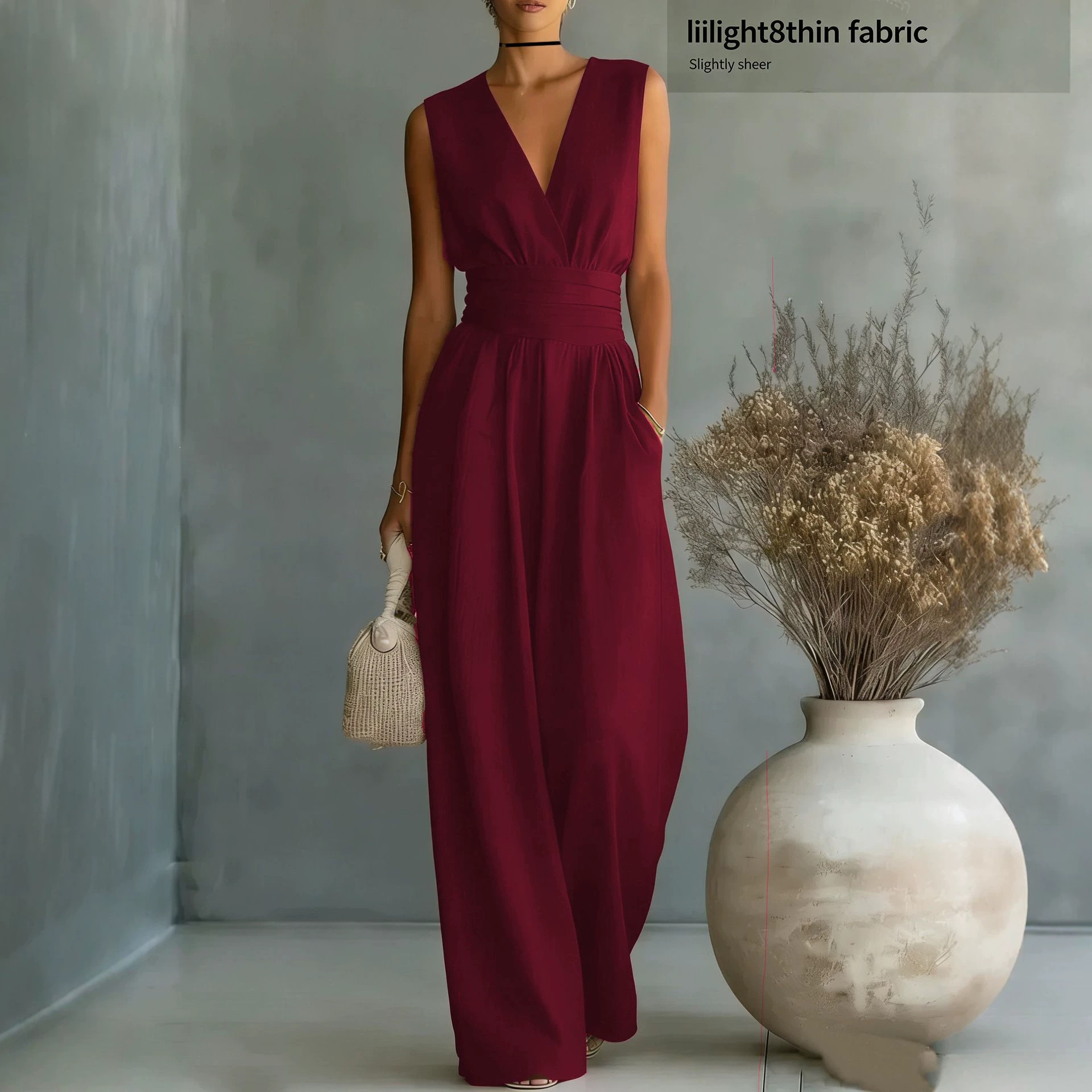 2026 Cross-Border European and American Women's Spring/Summer New Style Amazon Sleeveless Waist-Slimming V-Neck Elegant Jumpsuit