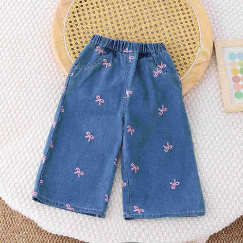 Spring and Autumn Women's Children's Blue Fashion Casual Korean Style Wide Leg Embroidered Pink Butterfly Denim Jeans