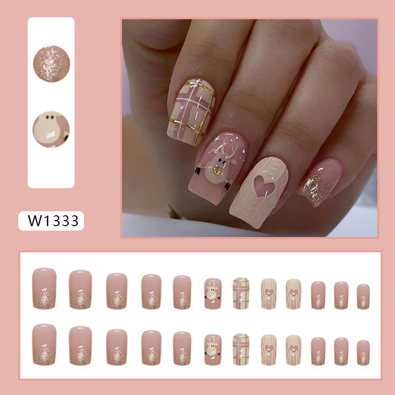Cute and Sparkling Mid length Deer Square False Instagram Style Love Plaid Wearing Nail_voghion.com