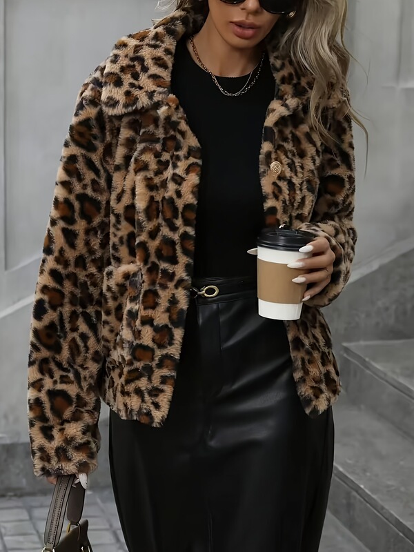 Qd0729012 Women's Casual Leopard Print Jacket - Stretchy Short H-Cut Jacket with Collar and Slits