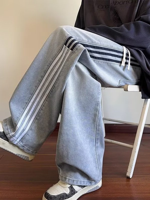 美式条纹牛仔裤女2025新款春秋大码胖mm宽松显瘦梨型身材阔腿裤子