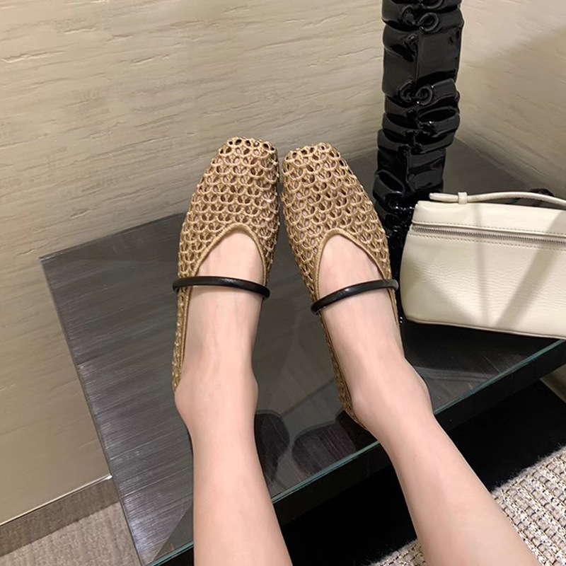 Grape Mom primavera nuevo estilo francés cabeza cuadrada tejida hueca con zapatos de boca baja de cara suave de todo fósforo mujeres