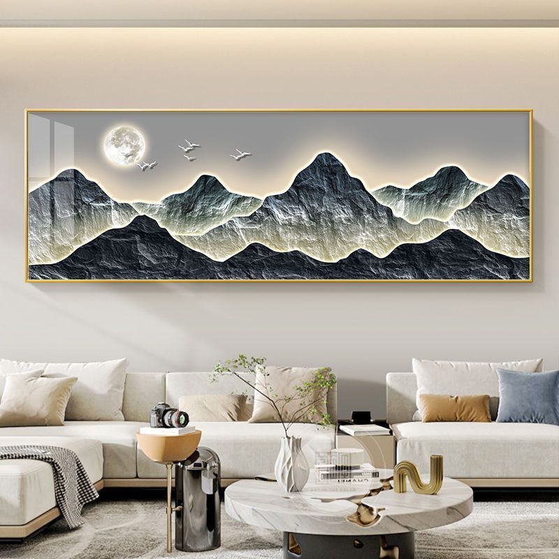 流水生財客間装飾画新中国式ソファー背景壁掛け画迎客松禅意茶室山水壁画|undefined