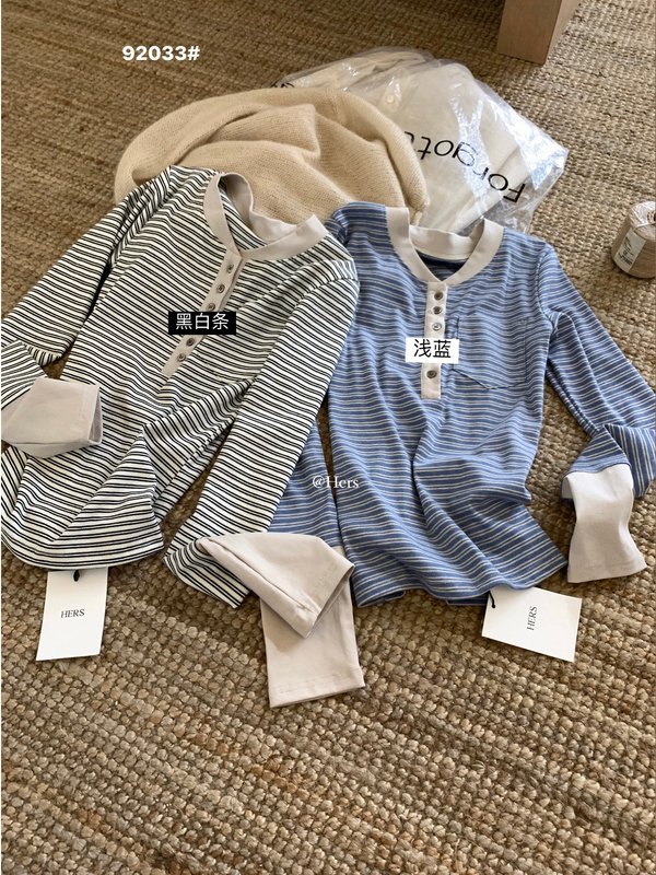 彼女のスイート初秋レディース韓国風シンプルレトロコントラストストライプハーフブレストラウンドネック長袖Tシャツ92033|undefined