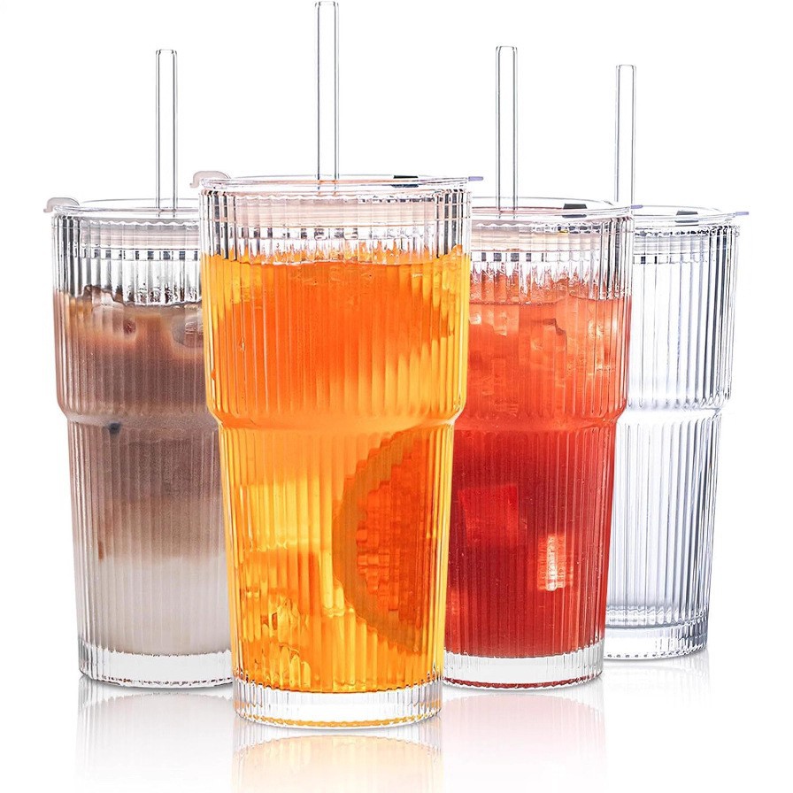 Transfronterizos ecológicos tazas de vidrio a rayas verticales tazas de café tazas de jugo tazas de agua de gran capacidad tazas domésticas con paja con cubierta