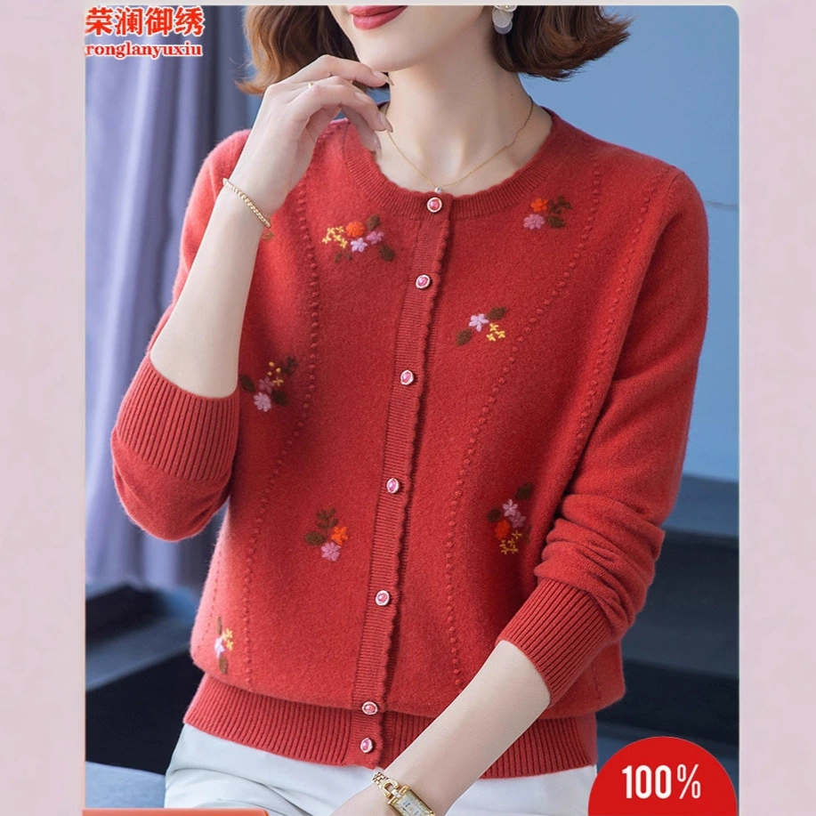 Мать в западном стиле вышила 100 свитер из чистой шерсти, осенне-зимний женский кардиган, свитер, свободное вязаное пальто для средних и пожилых людей