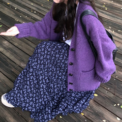紫色小香风针织开衫毛衣外套女早秋宽松慵懒风多巴胺巨好看的上衣