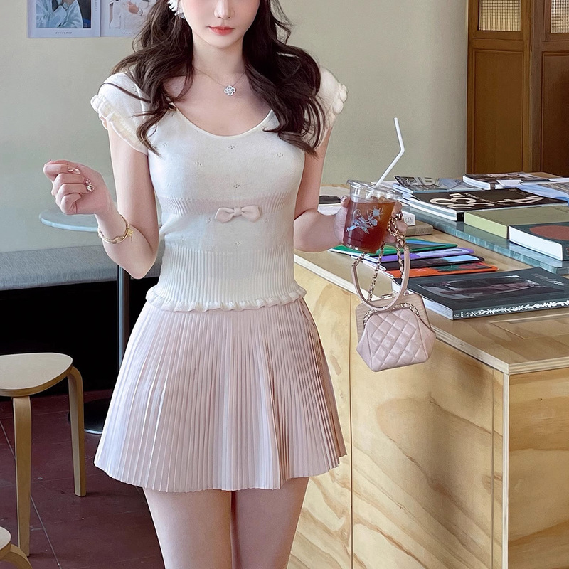 Spot Pink Mint Thin Wool Bow Short-Sleeved Knitwear for Women Sweet Lace Top