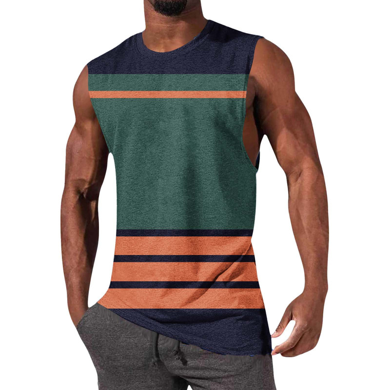 Cross-border men's striped sleeveless vest, summer loose casual round-neck sports fitness wide-shoulder tank top Cross-border men's striped sleeveless vest, summer loose casual round-neck sports fitness wide-shoulder tank top