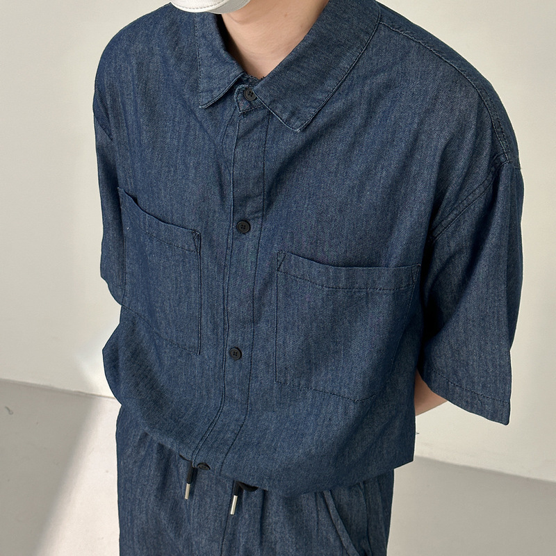 Light Mature Style Summer Thin Denim suit Men's Handsome Washed Two-piece Short-sleeved Shirt Half-length Pants Casual All-match
