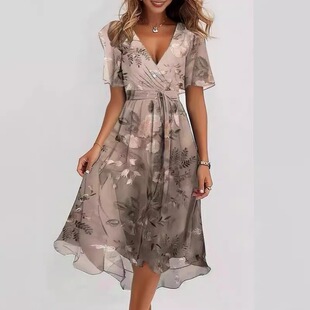 Printed women's V-neck dress ӡ��ŮʿV�I�B��ȹ