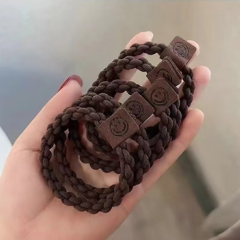 批发咖色麻花笑脸辫子头绳发圈高级感发饰高马尾皮套皮筋女发绳价